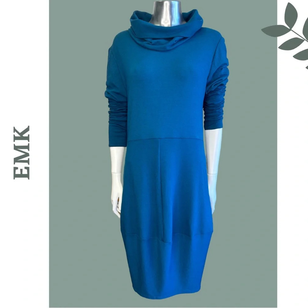 EMK Irene Midi Dress Long Sleeves w/ Pockets Cowl Neck Teal Bamboo Blend - Picture 3 of 10